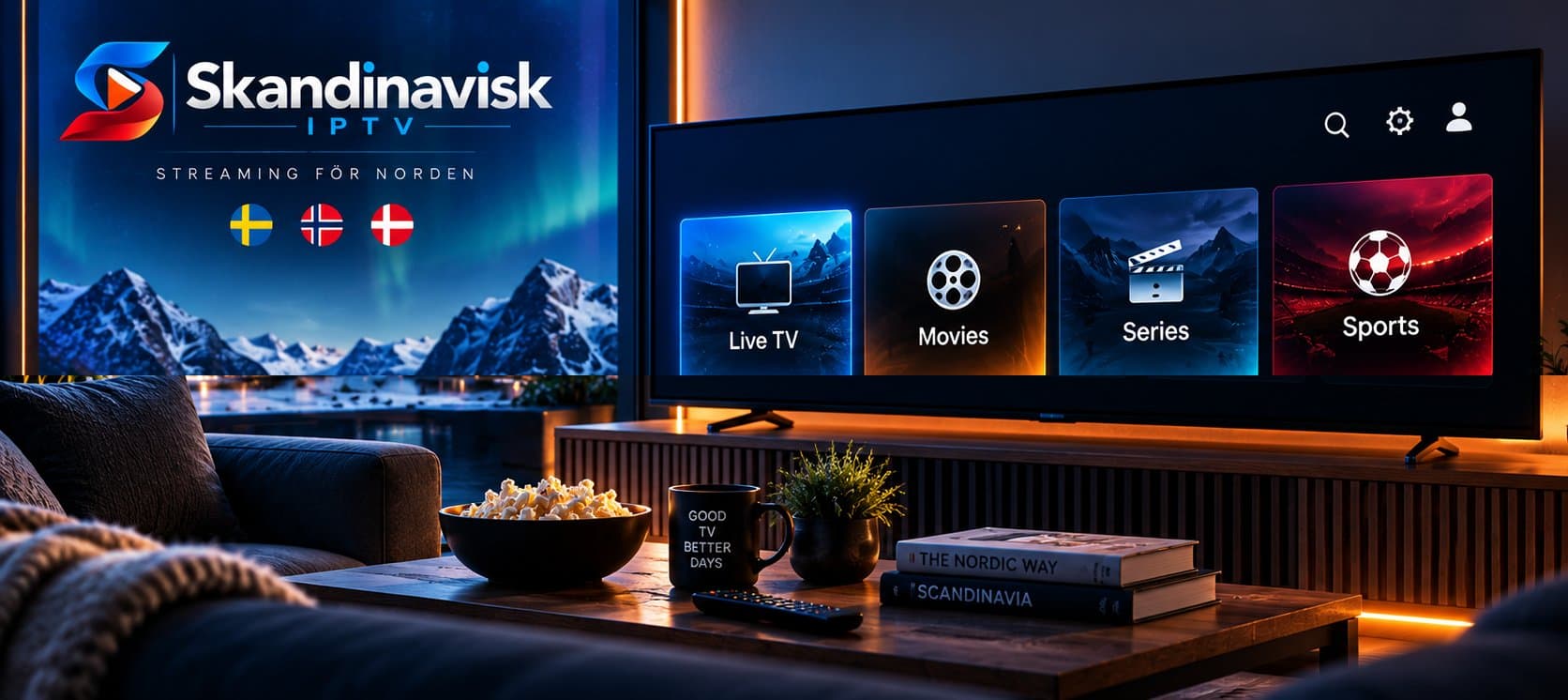 Skandinavisk IPTV på en stor TV i ett mysigt vardagsrum, med live-TV, filmer, serier och sport – Hvad Gør En God IPTV-tjeneste i Danmark?